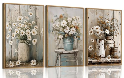 Wodkwq 3 piece Rustic Farmhouse Wall Decor Framed,Vintage Floral Canvas