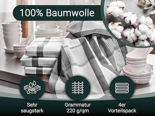 Foto von ZOLLNER 4er Set Geschirrtücher Baumwolle in 50x70 cm - saugstarke und robuste Küchentücher - waschbar bis 60°C – in grau kariert - Gastronomiequalität - Oeko Tex® Zertifiziert