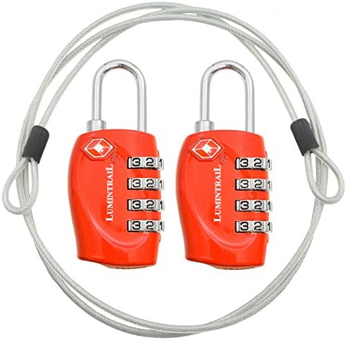 2 Pack Lumintrail TSA Approved All Metal International Travel Luggage 4 Digit Resettable Combination Lock with 4-ft Steel Cable for Suitcase and Baggage - Assorted Colors (Red (2 Pack))