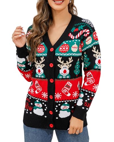 Women s Christmas Cardigans Ugly Christmas Sweaters Long Sleeve V Neck Button Down Sweaters with Fun Patterns and Animals (A-Black S)