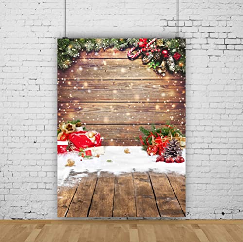 LYCGS 5X7FT Merry Christmas Backdrop Winter Snowflakes Gold Glitter Christmas Photography Background Xmas Rustic Vintage Wood Wall and Wooden Floor Backdrop Christmas Party Decorations Banner X-66 by LYCGS - Image 4