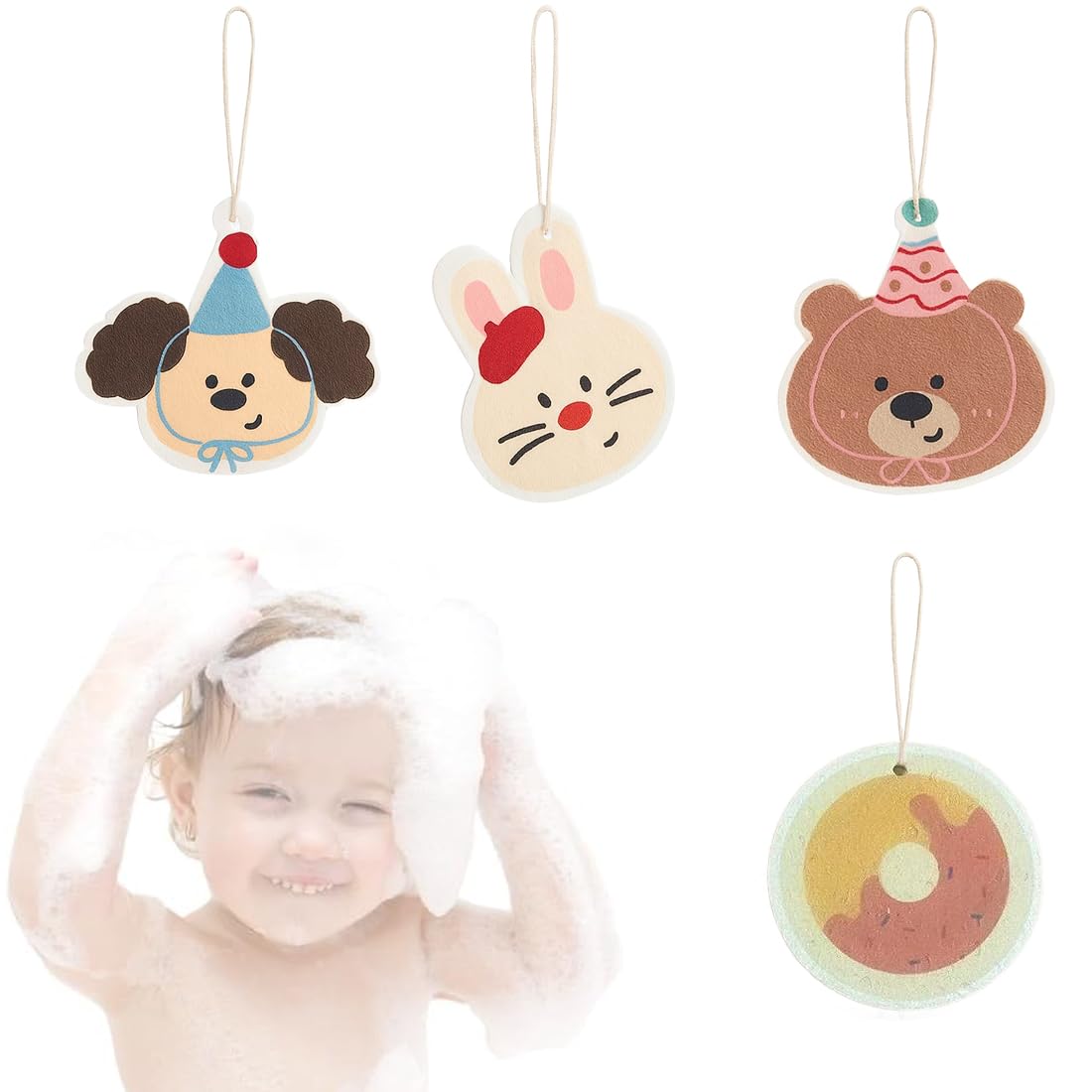 JEYORZY 4 pcs Esponjas De Baños Para Bebé, Paños De Esponjas De Animales, Esponja De Baños De Dibujos Animados Bonitos, Accesorios De Baño, Esponja De Limpieza, Forma de Dibujo Animado