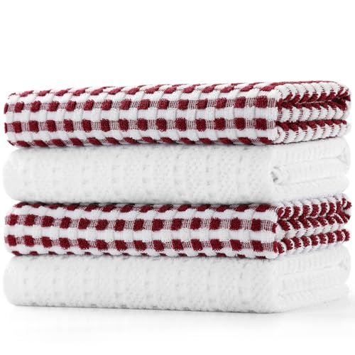 SALAS Cotton Dish Towels Cloths for Kitchen Drying Dishes, Lattice Terry Kitchen Towels, Absorbent Cloths with Hanging Loop, 16‘’ x 26‘’, 4 Packs, Wine Red and White