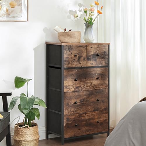 SONGMICS Chest of Drawers, Fabric 5-Drawer Storage Organiser Unit, Dresser, for Living Room, Hallway, Nursery, Rustic Brown and Classic Black LGS45H