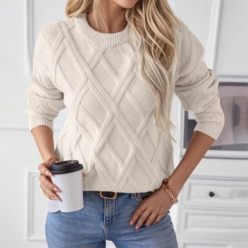 Women's Sweaters Crew Neck Pullover Cable Knit Sweaters Ribbed Casual Tops Classic Knitwear for Fall Winter3
