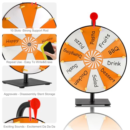 12\" Spinning Prize Wheel, 10 Slots Prize Spinning Wheel Tabletop Roulette Spinner with Dry Eraser Marker & Eraser - Heavy Duty Spinning Wheel for Prizes Fortune Spinning Game Trade Show (Orange)