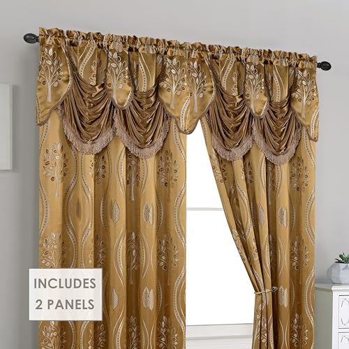 Image of Elegant Comfort Aurora Jacquard Look Curtain Panel Set with Attached Valance 54 inch X 84 inch (Set of 2), Taupe