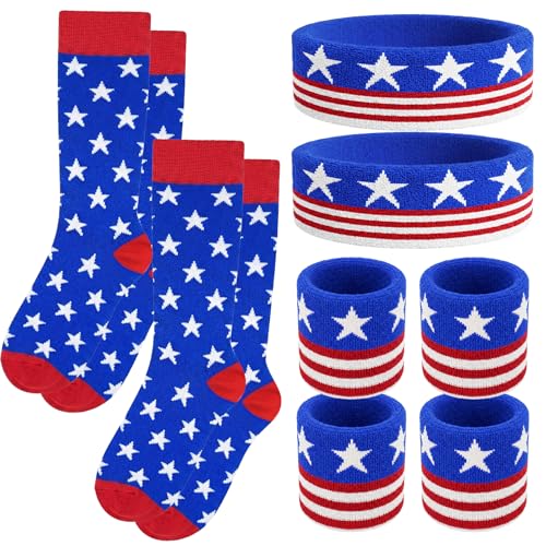 Image of 10 Pieces Striped Sweatbands and Striped Socks Set Headbands Wrist Sweat Bands for Men and Women Sports 80s 90s Fitness
