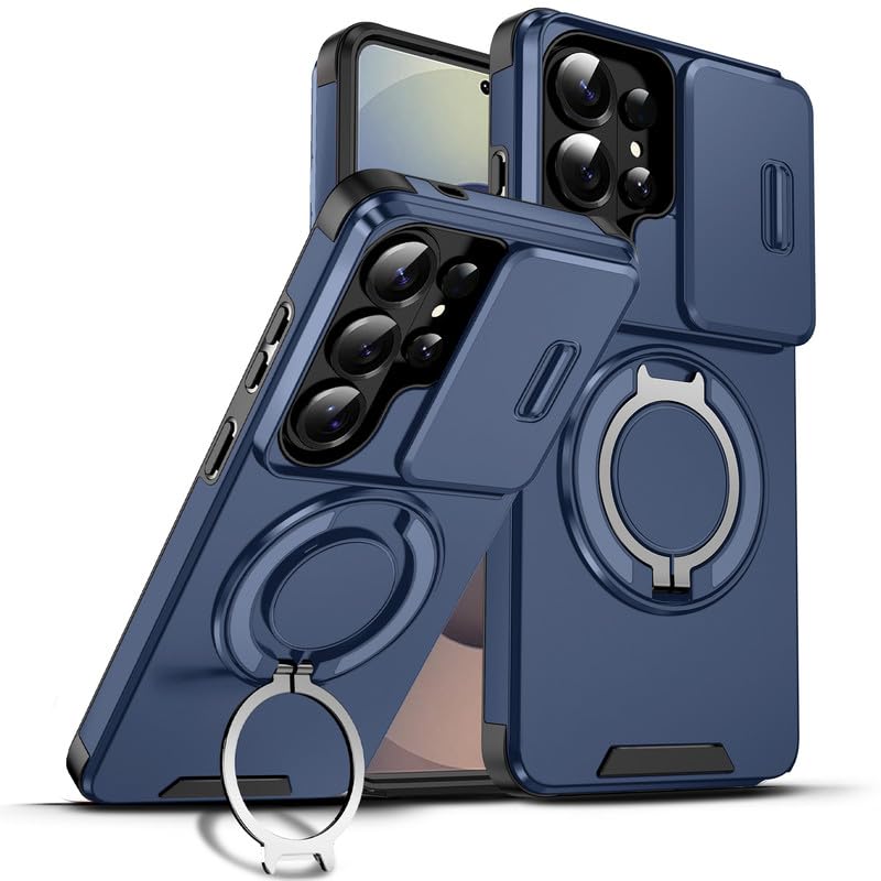 Image of LuxuryKase Shockproof Rugged Case for Samsung Galaxy S26 Ultra | Slide Camera Cover | 360 Rotating Ring Kickstand | Military-Grade Protection - Navy Blue