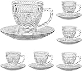 cosnou Vintage Glass Tea Cups with Saucers, Glass Mugs 7 Oz Set of 6 Espresso Coffee Embossed Glassware with Handle, for Cappuccino, Latte, Cereal, Yogurt, Beverage Hot/Cold, Milk…