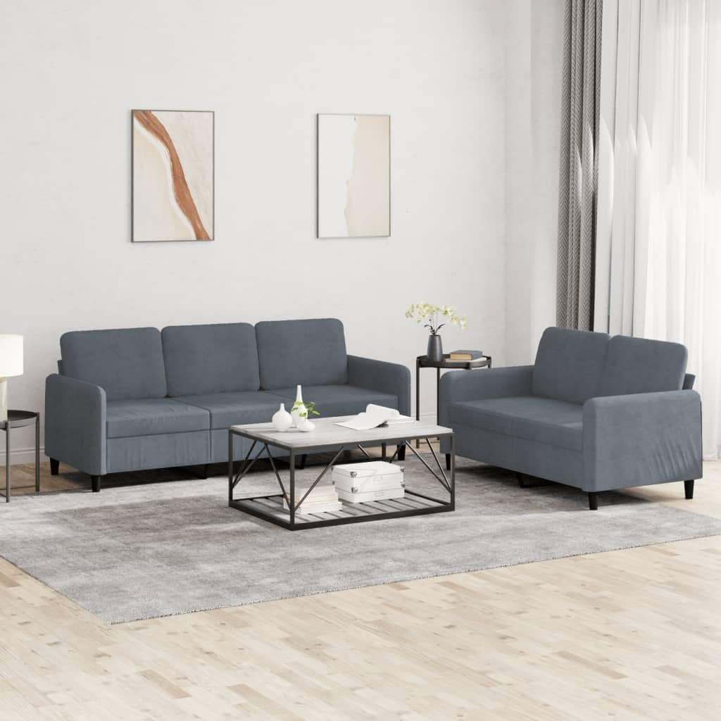 BOWERY HILL Contemporary Velvet Sofa Set, Dark Grey Upholstery, 2-Seater and 3-Seater, Comfortable Seating for 5, Modern Design, Structured Cushions, Living Room Furniture