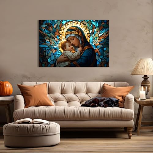 Image of Vintage Christian Canvas Wall Art Virgin Mary Embrace with Sleeping Infant Jesus Paintings Wall Decor Modern Aesthetics Posters Religious Framed Artwork for Nursery Room Bedroom Home Decoration 24x36 inch