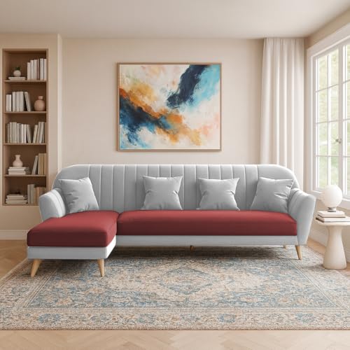 Image of Atticus LHS 6 Seater L Shape Sofa Set for Living Room (Maroon Grey Fabric) Premium Fabric Sofa Set
