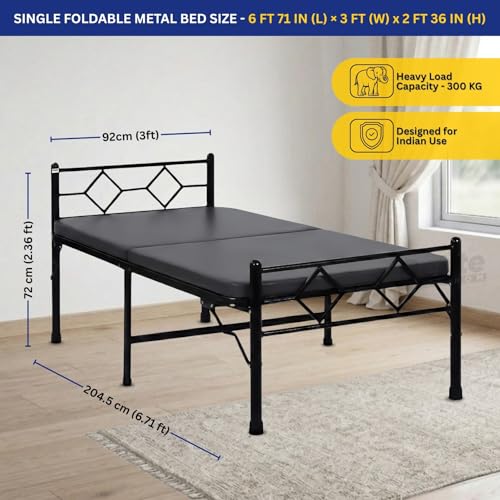 Image of DELITE KOM Dory Foldable Metal Single Bed (6.7x3ft) with Mattress | No Install | 1 Year Warranty | Strong Metal Single Bed, 204.5 cm x 92 cm (6.71 ft x 3.02 ft) (Finish Color - Black
