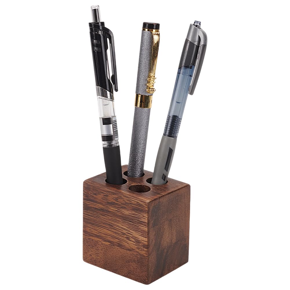 MAYJOYDIY Cuboid Wooden Walnut Pen Holder with 4 Round Holes Stylish Vintage Desk Organizer Pencil Holder Fountain Pen Tray for Home Office Classroom Desktop Stationery Accessories