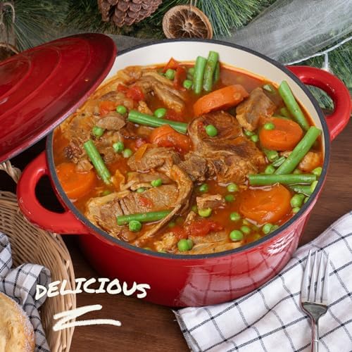 Bild 2 - Overmont Schmortopf Gusseisen Topf 26cm - Emaille Bräter mit Deckel backofengeeignet - mit Kochbuch - für Küche Backen Schmoren Braten Rot