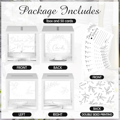 Image of Pajean 50 Pcs Greenery Share a Memory Card for Celebration of Life Cards Box with Clear Windows Memory Box for Funeral Wedding Birthday Graduation Bridal Shower Guest Card Ideas(Clear,White)