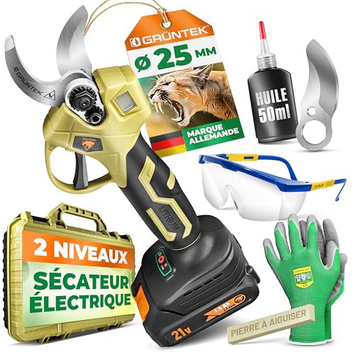 GRÜNTEK Secateur Electrique Sans Fil, Secateur de Jardin à Batterie Professionnel Ø 25mm, Cisaille Electrique à Batterie avec Lunettes et Gants. Sécateur Coupe-Branches pour Jardinage.