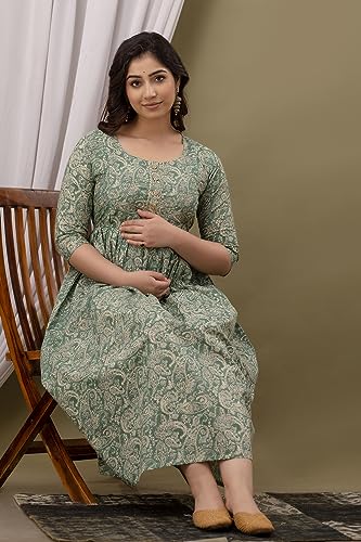 Image of Maternity Feeding Kurti for Women | Cotton Blend Anarkali Dress with Nursing Zip for Pre & Post Pregnancy