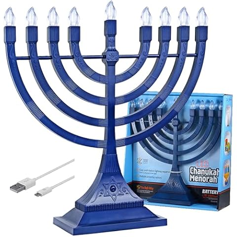 Zion Judaica Blue Electronic Hanukkah Menorah Powered by Batteries or USB 4' Cable Included Flameless Chanukkah Candles Holder LED Electric Minorah Bulbs Chanukah Deco Chanukkiah Cover