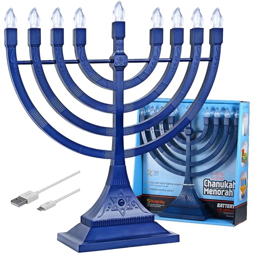 Zion Judaica Hanukkah LED Menorah Battery-Powered, Blue, 11.75” H x 3.5" D…