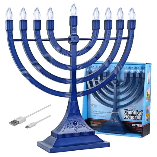 Electronic Hanukkah Menorah Powered by Batteries or USB 4' Cable Included Flameless Chanukkah Candles LED Flame Shaped Bulbs Chanukah Decorations by Zion Judaica (Blue)