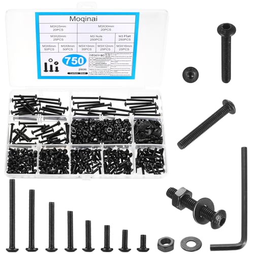Moqinai 750 Pcs M3 Screw Set Black Carbon Steel Button Head Hex Socket Screws and Nuts Kit Machine Screws with Washers Precision Small Thread Fasteners for DIY Electronics Furniture & Repairs