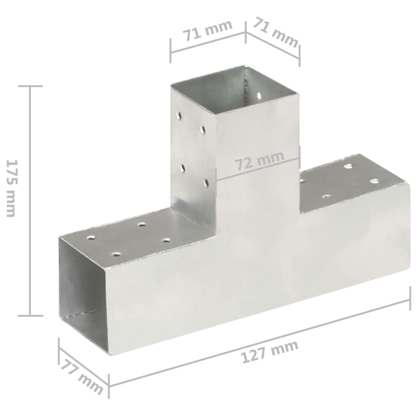 Connettore per Pali a Forma di T in Metallo Zincato 71x71 mm,Angolo per palo per Legno, Argento Supporto per Pali,per Gazebo e Porticati,da Avvitare,per Fissaggi su Calcestruzzo