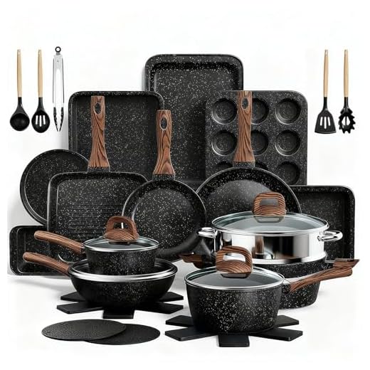 Pots and Pans Set Non Stick, 31 Piece Kitchen Induction Cookware & Bakeware Set, Nonstick Kitchen Cooking Pans Set with Frying Pans Set Grill Pan Saucepan Baking Sheet & Utensils, PFOA Free