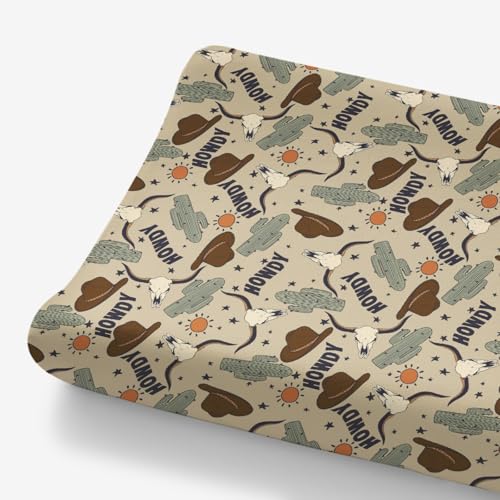 Image of Western Cowboy Howdy Hat Cactus Changing Pad Cover for Baby Boys, Boho Wild West Cow Lover Sun Star Diaper Change Table Covers, Soft Stretchy Safe Snug Fitted Changing Mat Sheets Fit 32"/34" x 16"