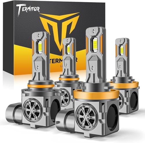 Termitor H11/H9 & 9005/HB3 Light Bulbs Combo, 110,000LM Brightness, 1:1 Mini Size 6500K Cool White IP68 Waterproof Automotive Replacement Combo 9005 H11 Fog Lights, Quick Installation, Pack of 4