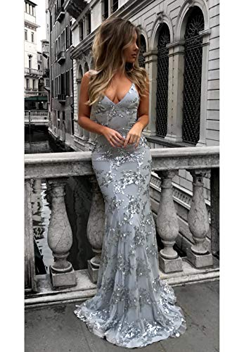 Sexy Mermaid Sequins Prom Dresses for Teens Spaghetti Strap V-Neck Backless Formal Evening Gowns for Women Lavender 4