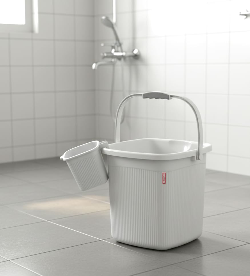 Image of Modware Square Ribbon Plastic Bucket Set with Mug | 25L Brown Bathroom Bucket with Handle + 1.5L Mug | Heavy-Duty Polypropylene + Co-Polymer | Stylish & Durable Bath Set (White 25 L)