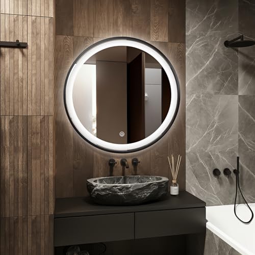 Dileci Miroir LED Rond Ø70 cm avec Cadre Aluminium Noir Mat – Éclairage Frontal Dimmable 6000K Blanc Naturel – Fonction Anti-Buée, Prise EU Incluse,...