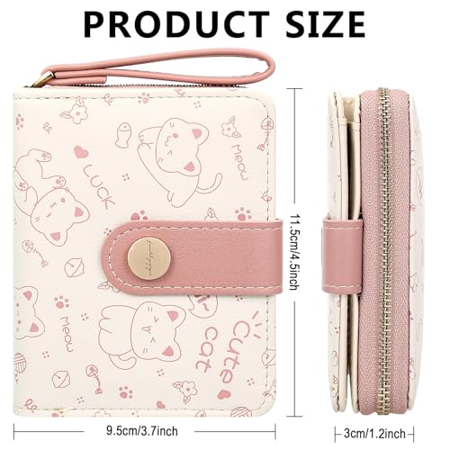 Image of Farcauo Cat Pattern Wallet for Women and Ladies Small Cute Kawaii Pink Coin Purse with ID Window and Credit Card Holder Compact Wallet for Women and Ladies