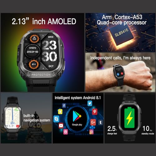 AIEK 4G LTE Smartwatch Phone, 2Go+16Go, Android 8.1 SMS appels vidéo WiFi, 2,13'' AMOLED Screen Activity Tracker avec fréquence Cardiaque, Montre GPS de Sport pour Hommes et Femmes – Image 4