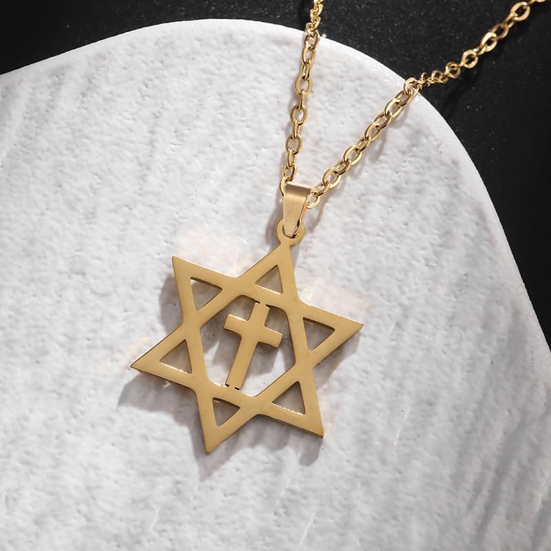 POYAMUSE Star of David Cross Pendant Necklace for Women Men - Stainless Steel Jewish Cross Necklace, Gold Silver Star of David Pendant Necklace for Women and Men - Image 2