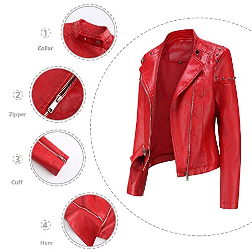 Faux Leather Jacket for Women Bomber Jacket Trendy Studded Rivet Long Sleeve Leather Jackets Moto Coat for Biker4