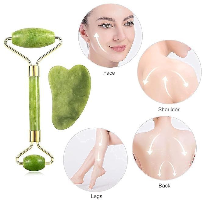 Gua Sha Stone and Ice Roller Set with Miriyaya Jade Face Massage Roller - Facial, Neck and Body Massage - Silicon, Reusable