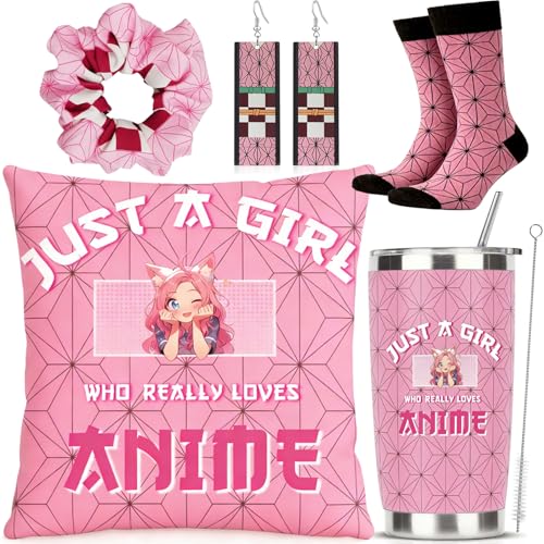 Yaztops Kawaii Anime Gifts for Girls Includes 20oz Tumbler, Pillow Cover, Earrings, Scrunchies, Socks, Just A Girl Who Really Loves Anime, Birthday Gifts for Women Girls Friends Sister
