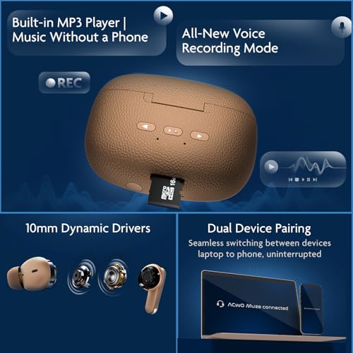Image of ACwO DwOTS Muze True Wireless Earbuds, in-Built MP3 Player, TF Card Support, Recording Mode, Real-Time Audio Listening, HD Calling, Dual Device Connectivity, TWS Ear Buds with 45Hrs Playtime (Brown)