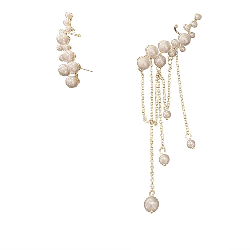 Pearl Ear Cuff Cartilage Crawler Climber Earrings for Women 925 Sterling Silver Post Pin Stud Asymmetrical Faux Pearls Tassel Chain Dangling Wrap