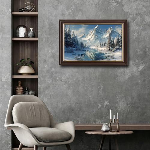 Image of Framed Vintage Snow Mountain Canvas Wall Art, Winter Pine Forest Lake Landscape Canvas Prints Pictures, Rustic Cabin Wall Decor for Living Room Bedroom Farmhouse Home Aesthetic