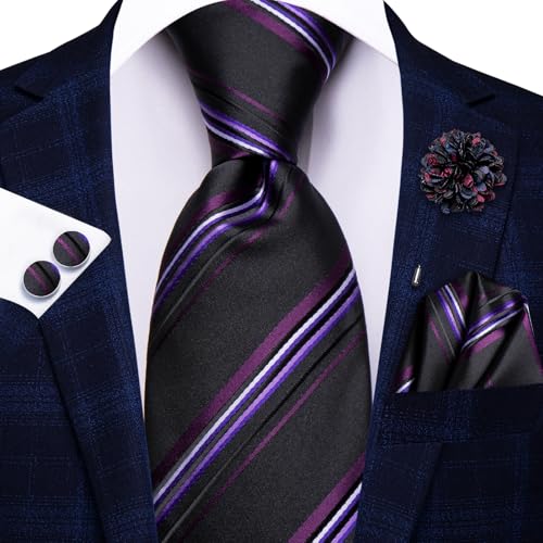 Image of Hi-Tie Mens Black Purple Striped Necktie Classic Formal Woven Necktie Lapel Pin Pocket Square Cufflinks Sets Formal Business Wedding