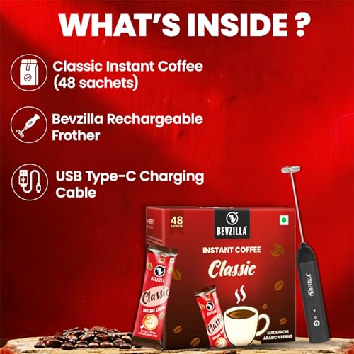 Image of Bevzilla 48 Classic Coffee Sachet with Rechargeable Electric Frother Combo Pack | 3-Speed Setting with Type-C Fast Charging|r | Cafe Coffee Kit | Perfect for Espresso, Latte & Cappuccino | Enjoy Hot & Cold Brews