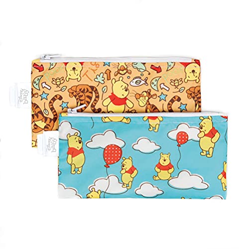 Image of Bumkins Disney Reusable Snack Bags, for Kids School Lunch and for Adults Portion, Washable Fabric, Waterproof Cloth Zip Bag, Supplies Travel Pouch, Food-Safe Storage, 2-pk Winnie the Pooh