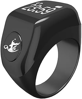 خاتم ذكي متعدد الوظائف للصلاة، يحتوي على عداد تسبيح ودعم للرياضة والصحة ومنبه للأذان ودليل اتجاه القبلة وتسبيح واستغفار وسبحة إلكترونية لرمضان وعيد الفطر (لون أسود، A01)