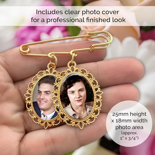 Gold Wedding Bouquet Photo Charm Pin Holds 2 Pictures Double Photo Charm Boutonniere Pin with Resizer2