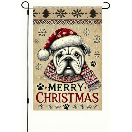 Image of BlissYard Christmas Garden Flag 12x18 Inch Bulldog Santa Hat Yard Decor