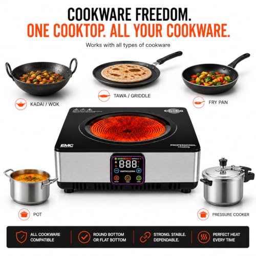 Image of Cooka D-MAX 3500 Commercial Infrared Radiant Cooktop - 3500W Heavy Duty, Patented DHC Technology, 600C Peak Heat, 24 /7 Professional Use, Fits Round & Flat Bottom Utensils